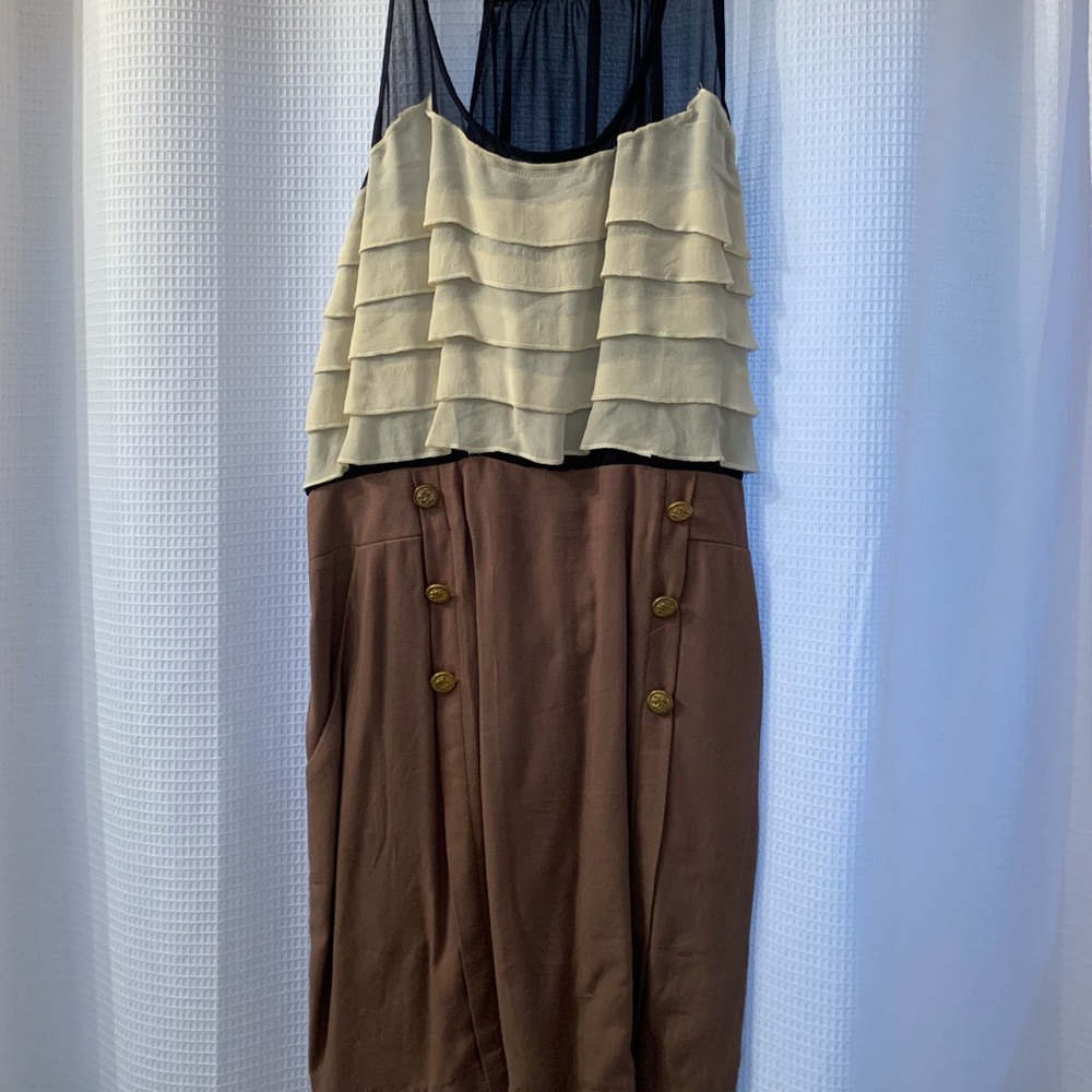 Navy cream tan dress with pockets and gold buttons